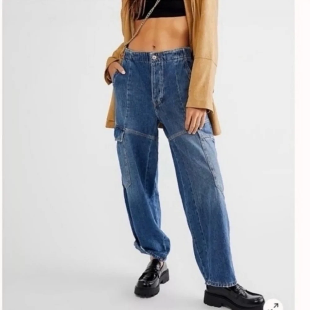 Free People All Star Pull On Jeans Utility Cargo Low Slung Baggy Denim Small - Picture 2 of 12